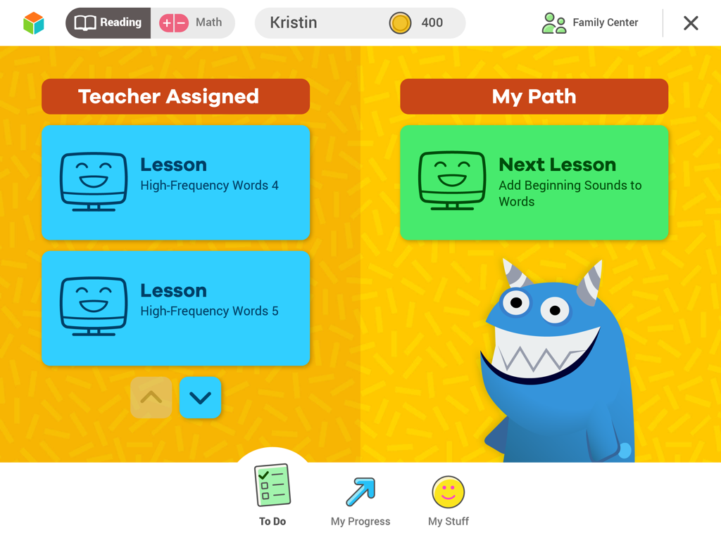 i-Ready Connect Schüler-Dashboard mit vom Lehrer zugewiesenen Leselektionen und personalisiertem Lernpfad