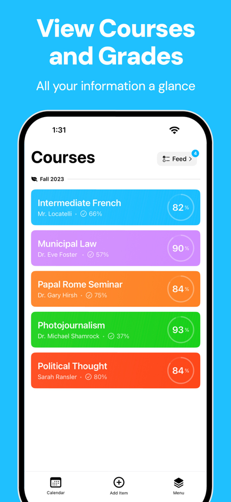 Fouro: Track Grades, GPA - A colorful mobile app screen showing a list of academic courses with their current percentage grades and instructor names.