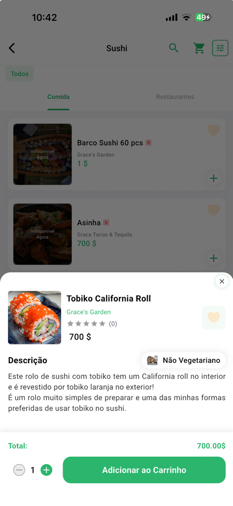 Bafa: pedir comida em casa - Interface de l'application Bafa montrant un article de menu Tobiko California Roll avec le prix et le bouton d'ajout au panier