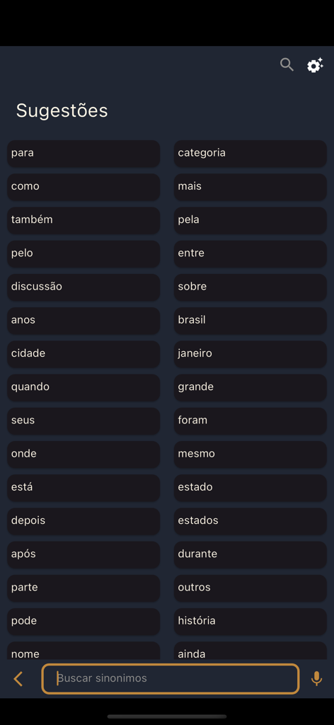 Sinonimos - Interface do usuário do aplicativo Sinônimos mostrando uma grade de palavras em português sugeridas e um campo de busca.