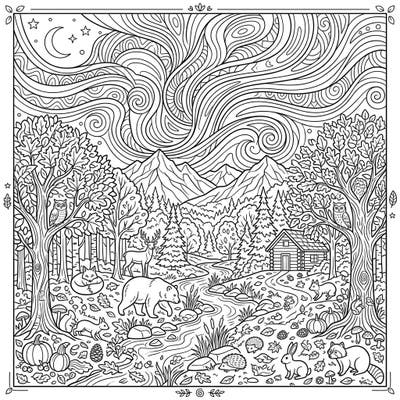 Journey into a captivating autumn forest, where charming woodland animals gather beneath a dazzling aurora. This intricate coloring page offers a perfect escape to bring a magical fall scene to vibrant life.