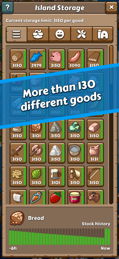 Screenshot of Paragon Pioneers 2 island storage menu displaying a grid of resource icons and a stock history graph for bread