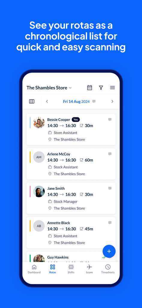 Mobile app interface of RotaCloud displaying a chronological list of employee shifts with names, times, and job roles.