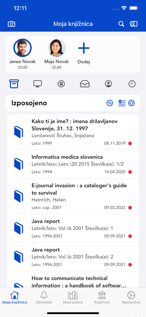 mCOBISS - mCOBISS app screen displaying a list of borrowed library books and user profiles