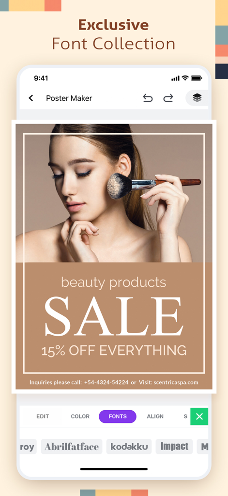 Poster Maker, Flyer Maker - Interface of the Poster Maker app highlighting the exclusive font collection for designing a beauty product sale flyer