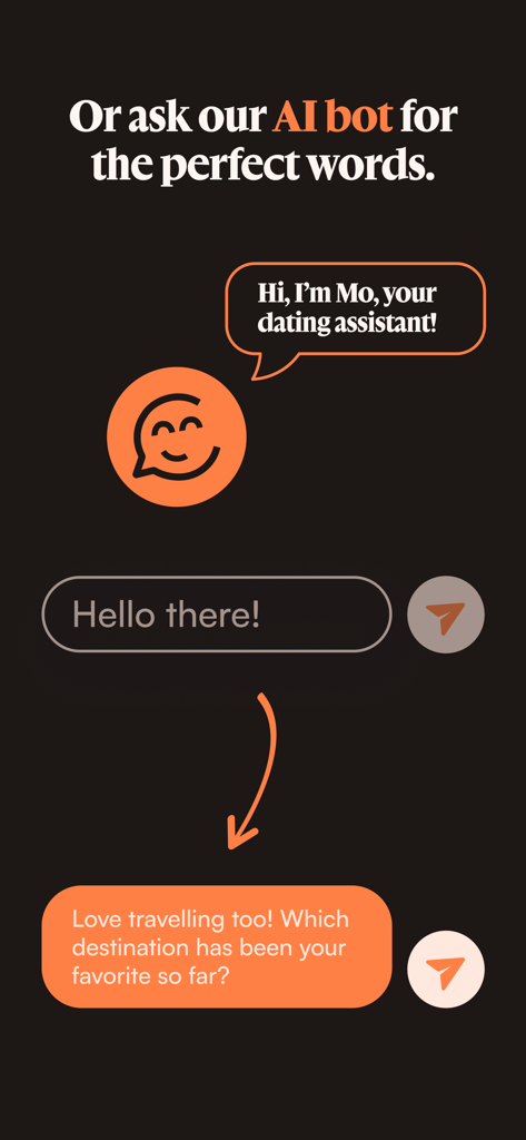Jaumo Dating App: Flirt & Chat - Una captura de pantalla de la app de citas Jaumo mostrando a Mo, el asistente de citas IA, ayudando con mensajes de chat y temas de conversación.