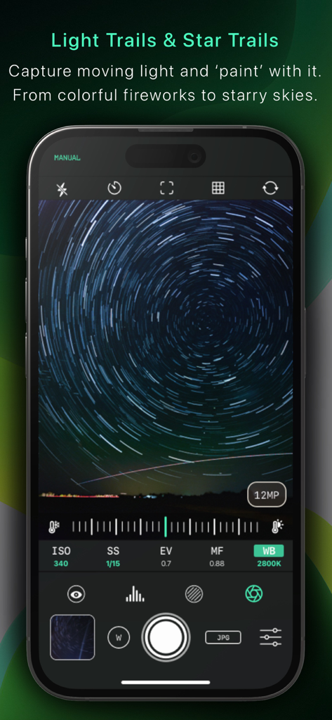 iPhone interface of Reeflex Pro Camera app showing a circular star trails long exposure with manual settings