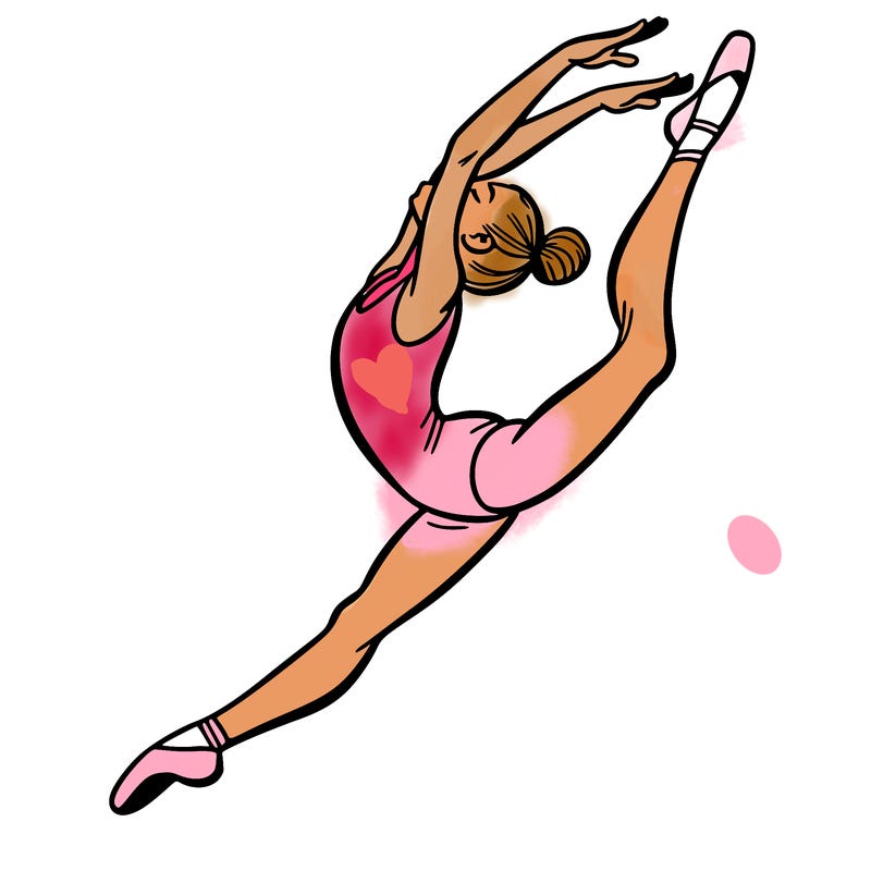 gymnast doing a leap in a leotard with a bent back leg