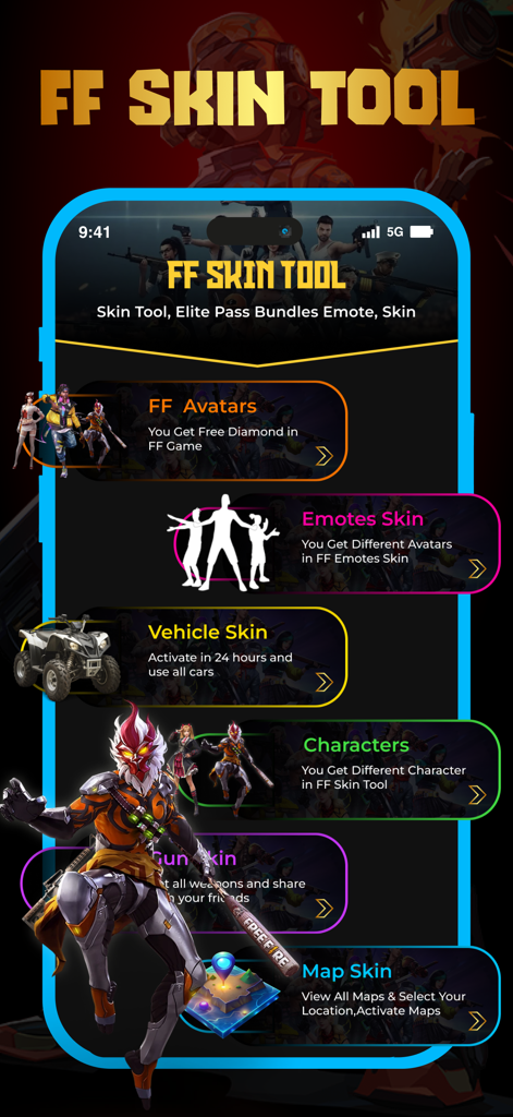 FF Skin Tools Elite Pass - Die Hauptoberfläche der FF Skin Tools App mit Anpassungsoptionen für Avatare, Emotes und Charakter-Skins