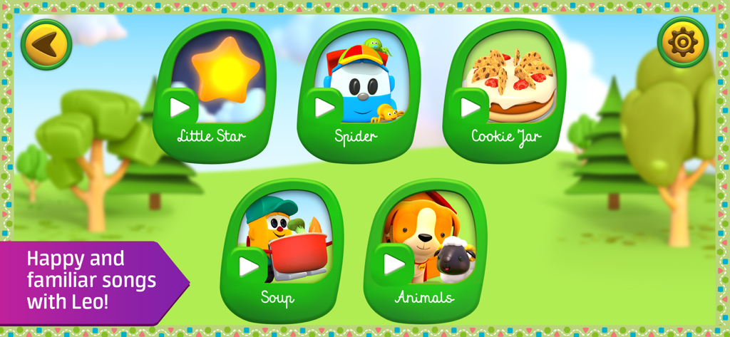 Menu screen of Leos baby songs app showing interactive music and story selections like Little Star and Cookie Jar