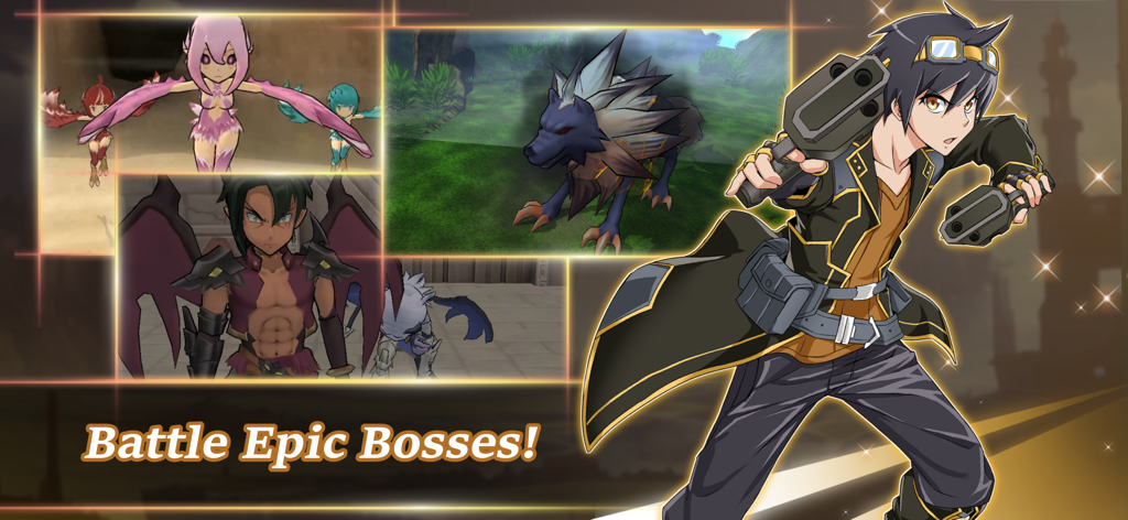 Epic Conquest 2 - Personagem de anime com duas pistolas e monstros chefes de Epic Conquest 2