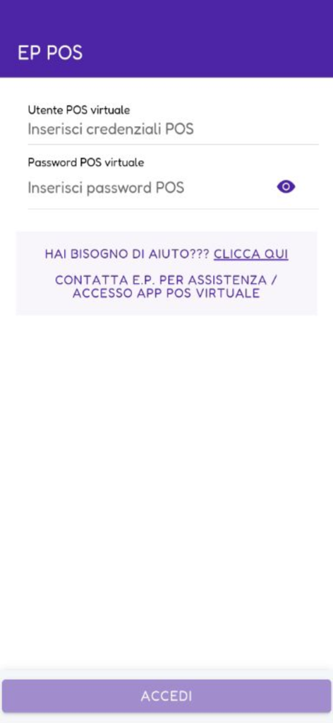Schermata di accesso per l'app mobile EP POS con campi per le credenziali del terminale virtuale