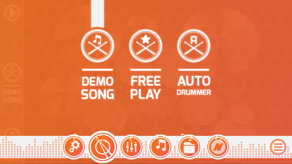 Main menu screen of The Best Real Drums app with Demo Song, Free Play, and Auto Drummer modes