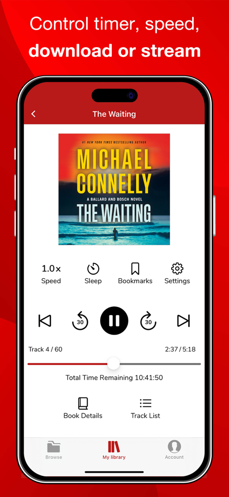 Audiobooks Now Audio Books - Audiobooks Now app playback screen showing controls for speed, sleep timer, and track progress for a Michael Connelly audiobook.