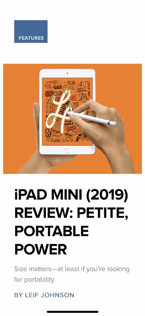 Artículo de Macworld Revista Digital titulado "Reseña del iPad Mini 2019" con una ilustración en la pantalla de un iPad