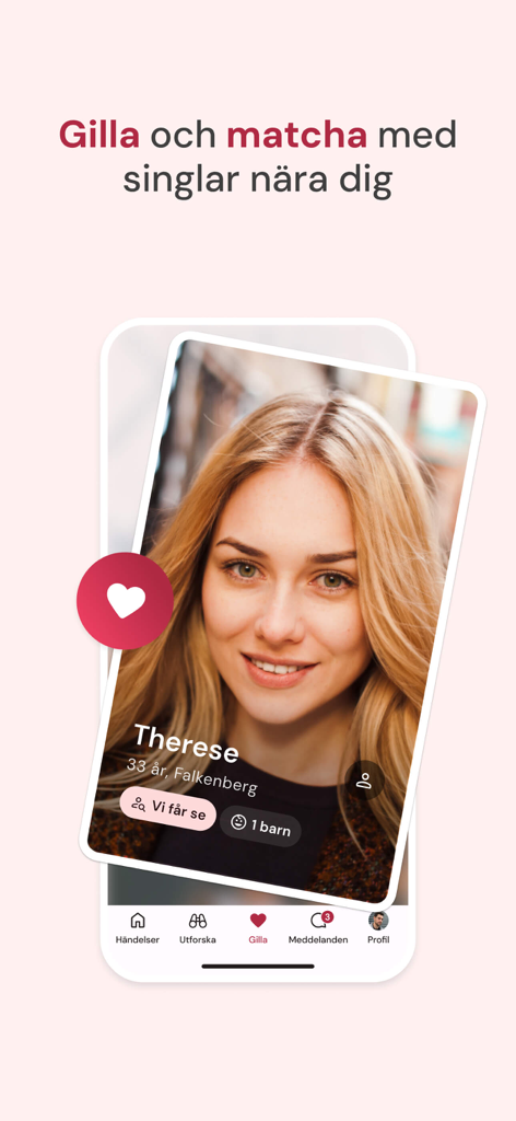A woman's profile card on the Motesplatsen dating app interface with a heart like button.
