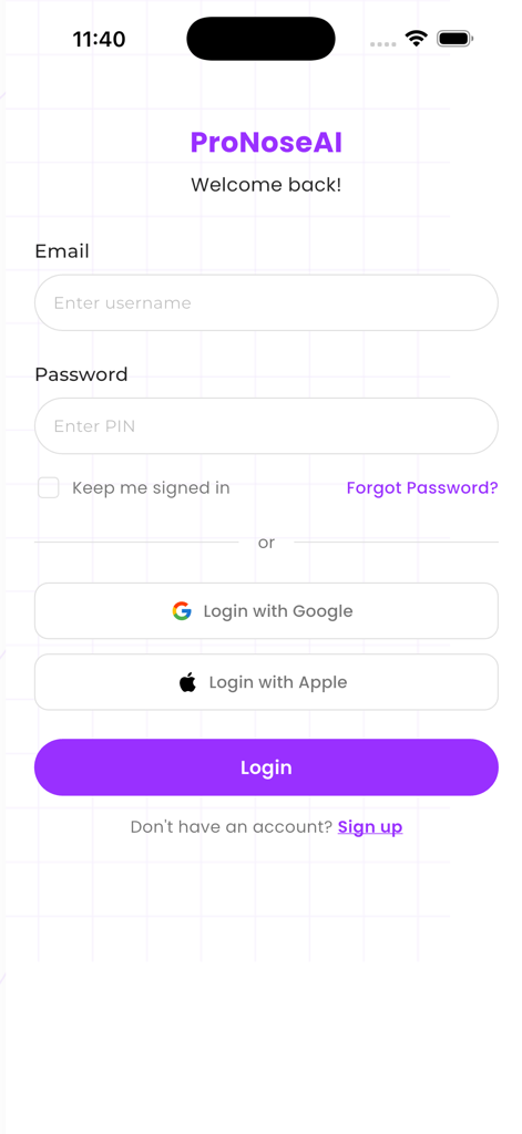 Login screen of the ProNose AI app with options for email, Google, and Apple sign-in.
