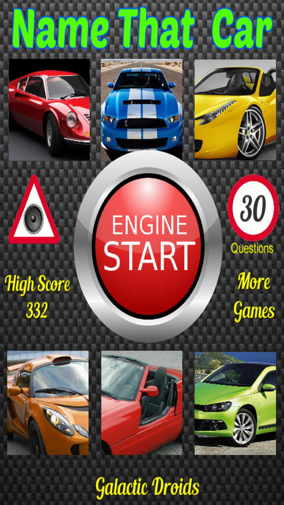 이름이 무엇인가요? 자동차 퀴즈 홈 화면에는 다양한 자동차와 큰 엔진 시동 버튼이 표시됩니다.