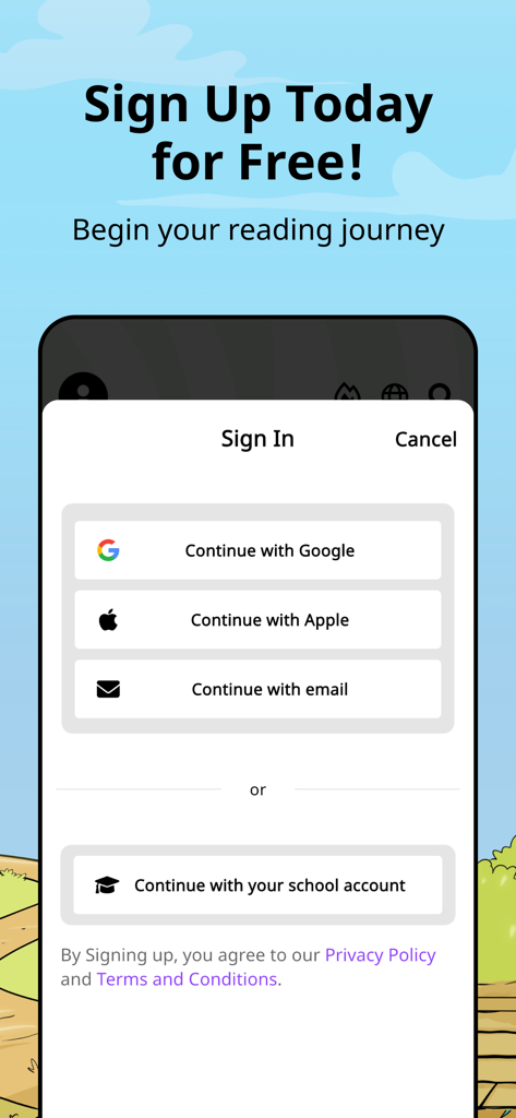Booktime - Sign up screen for the Booktime app showing options to join for free using Google Apple email or a school account