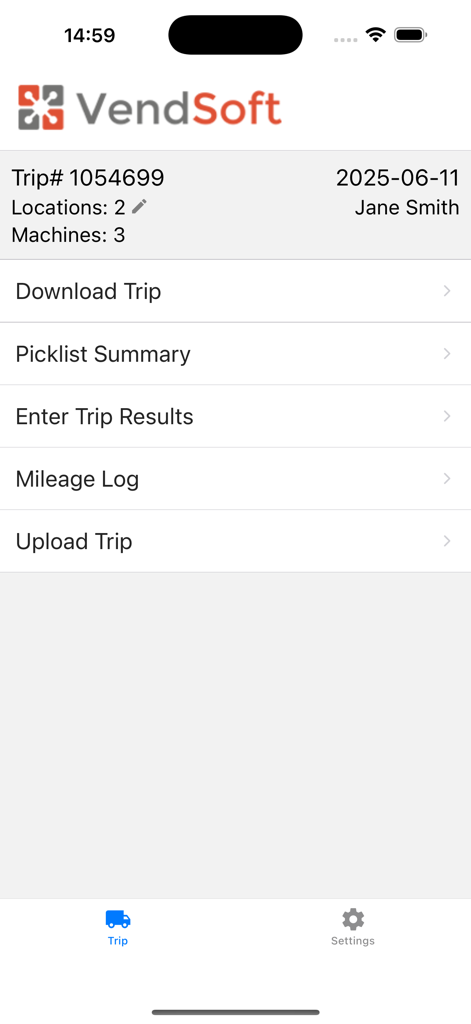 VendSoft: Vending Management - VendSoft mobile app interface showing the trip management menu with route driver options like picklist summary and mileage log