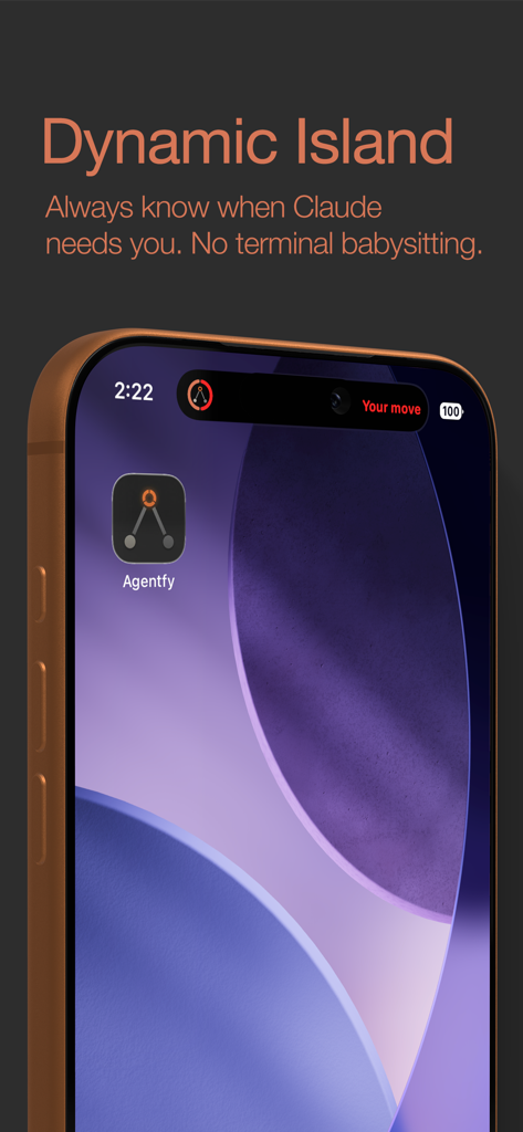 Agentfy: AI Agent Monitor - Agentfy app on an iPhone displaying a Dynamic Island notification with a status update for an AI agent