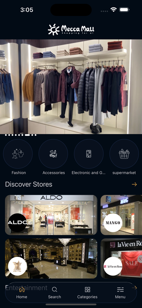 Mecca Mall - Mecca Mall app home screen displaying fashion categories and store discovery options.