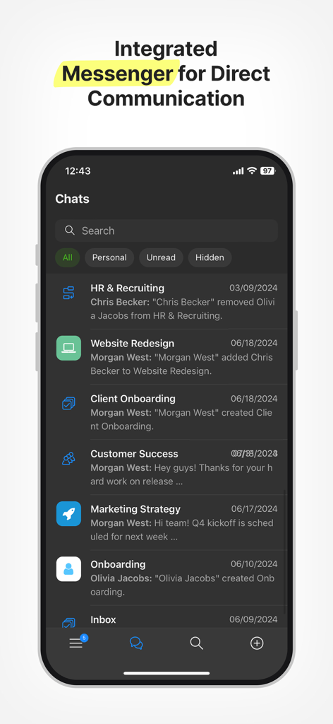 Interface do aplicativo Zenkit mostrando o messenger integrado para comunicação direta em equipe e colaboração em projetos.