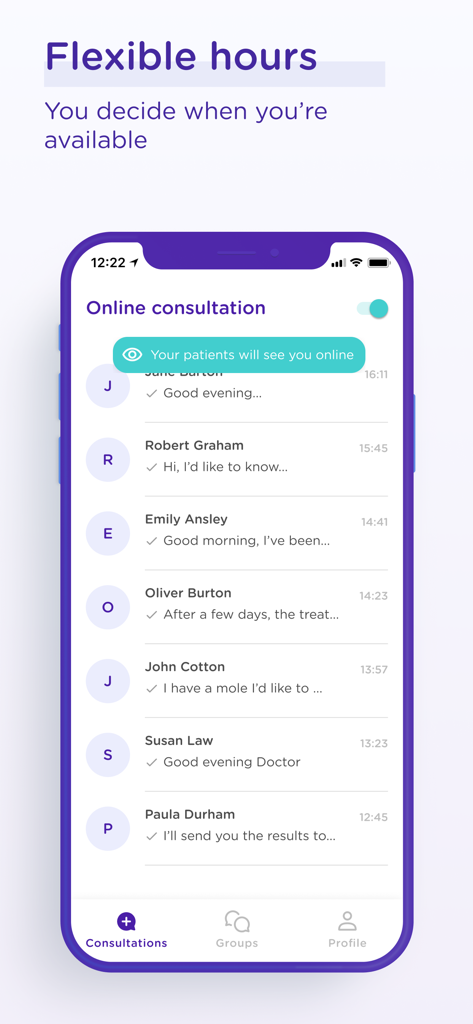 Interfaz de la aplicación mediQuo PRO que muestra la lista de chats de consulta de pacientes y el control de disponibilidad en línea.