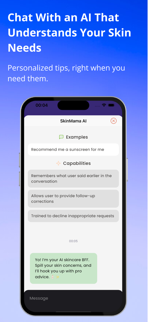 Smartphone screen showing the SkinMama app's AI chat feature for personalized skincare advice and recommendations.