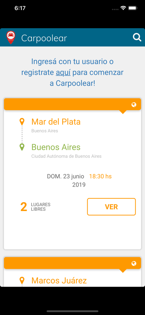 Carpoolear - Carpoolear mobile app interface showing a ride from Mar del Plata to Buenos Aires with two available seats