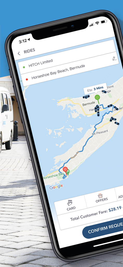 Hitch Bermuda - Hitch Bermuda app interface showing a taxi route map to Horseshoe Bay Beach with estimated fare and arrival time.