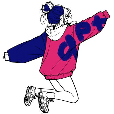 realistic girl jumping with a bun and oversized sweatshirt