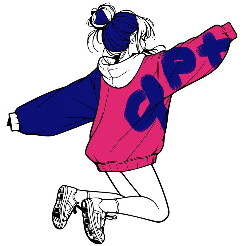 realistic girl jumping with a bun and oversized sweatshirt