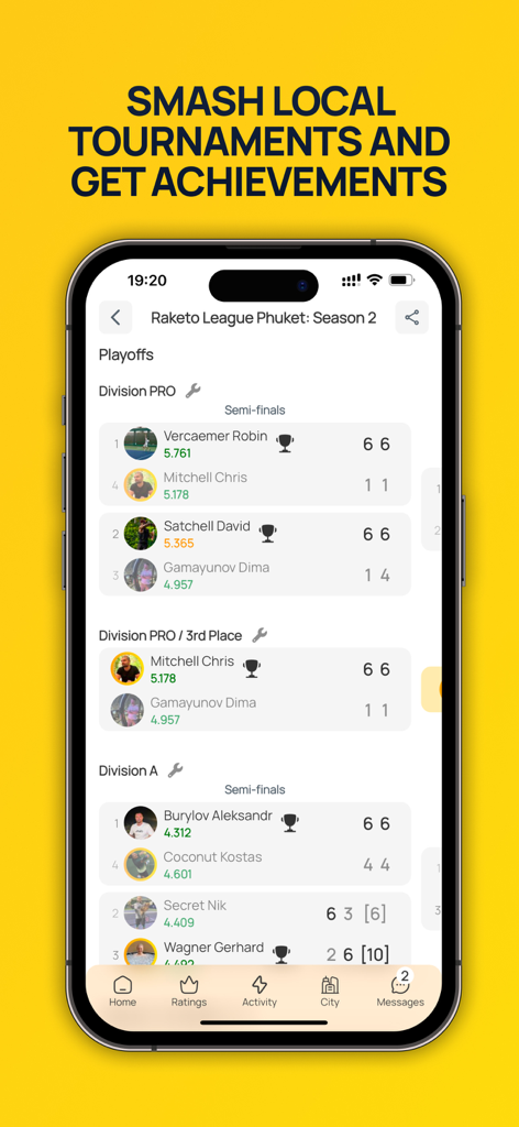 Raketo - Schermata dell'app Raketo che mostra i tabelloni dei playoff dei tornei locali e le classifiche dei giocatori