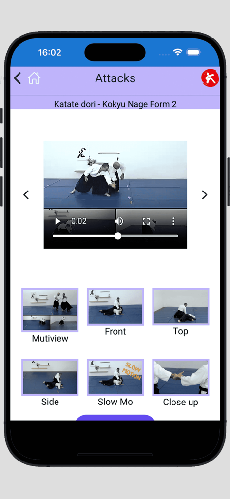 Aikido-ALL app displaying multi-angle video tutorials for martial arts techniques