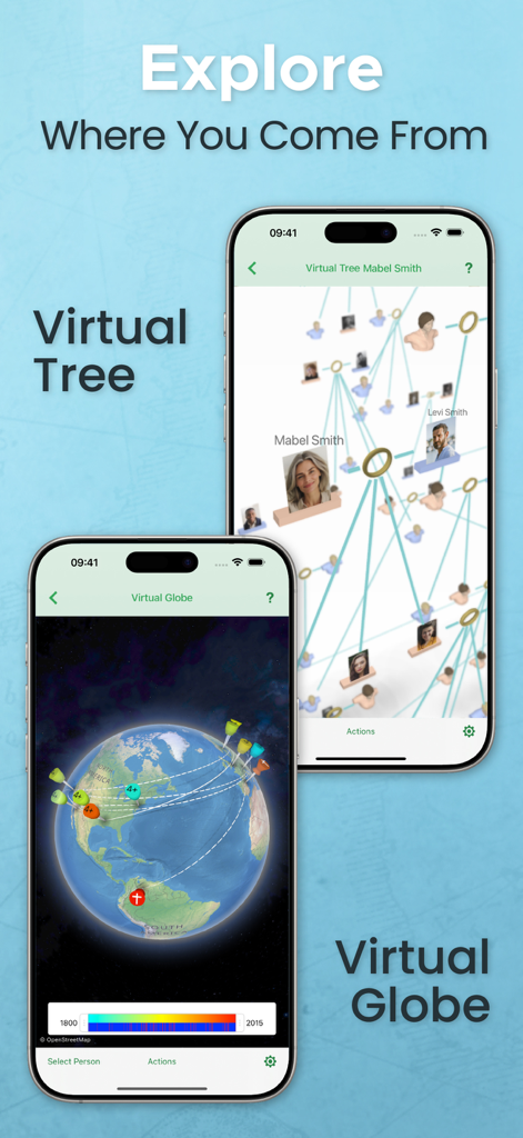 MobileFamilyTree 11 - MobileFamilyTree 11 app screenshots showing 3D virtual tree and interactive world globe views.