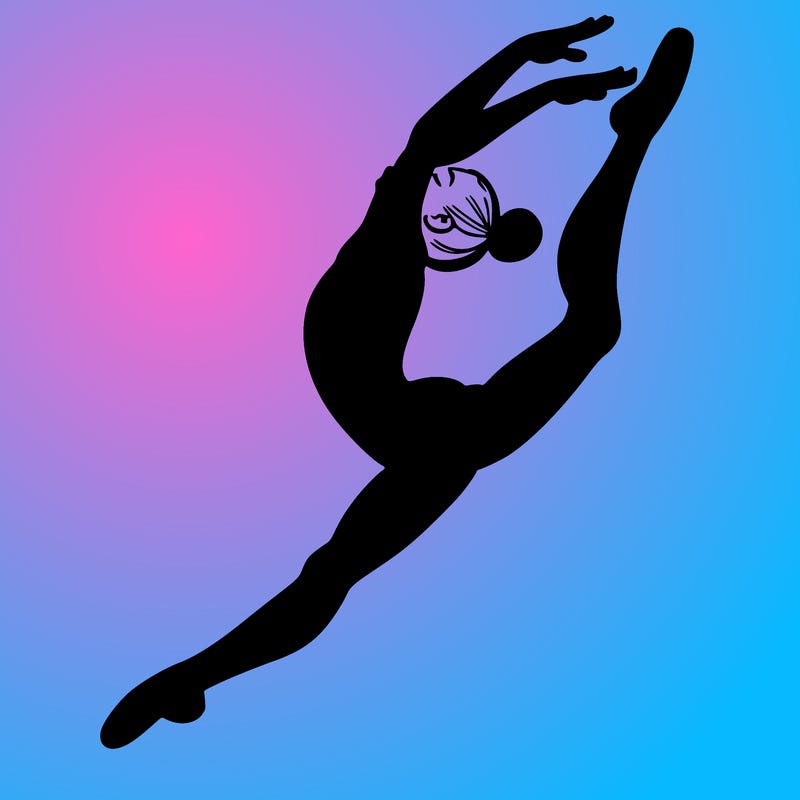 gymnast doing a leap in a leotard with a bent back leg