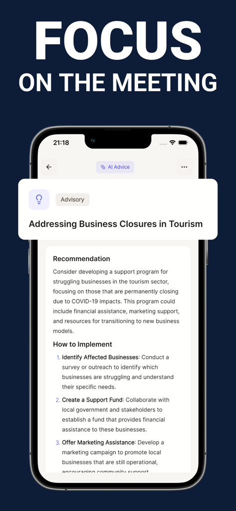 Meeting Minutes: Focus AI - Meeting Minutes app interface showing AI generated business recommendations and implementation steps
