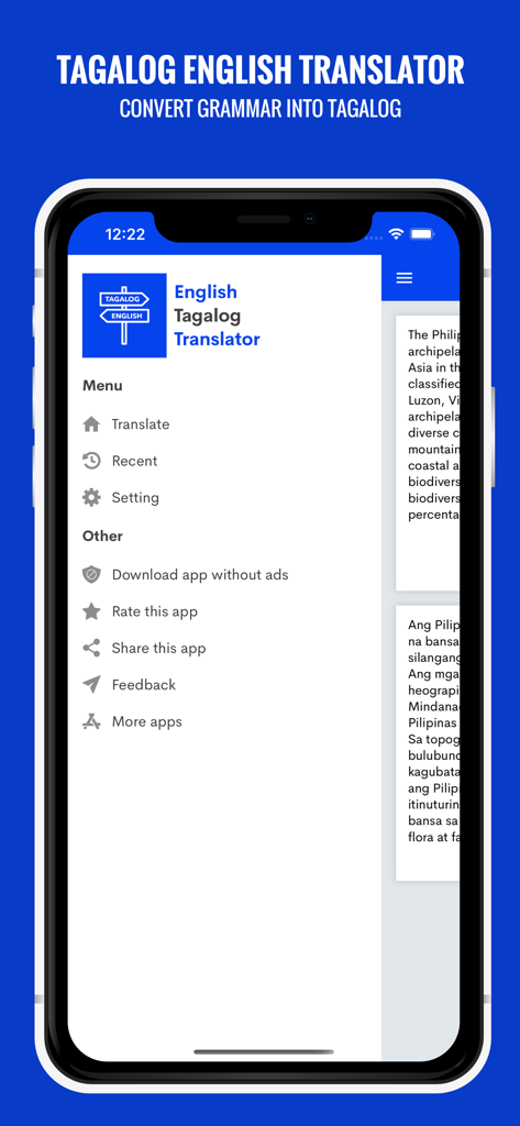 Side menu of the Tagalog to English Translator app showing navigation and settings on a mobile screen