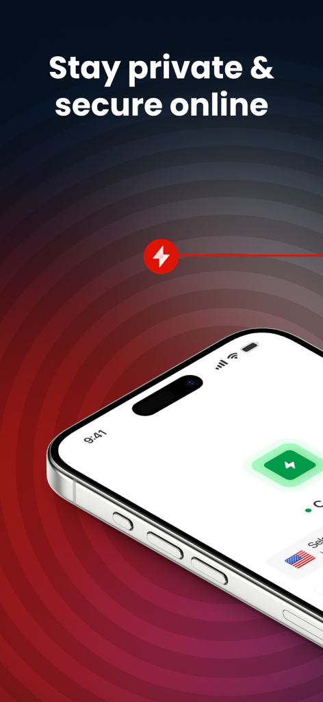 MEGA VPN – Privacy Online - MEGA VPN mobile app interface on an iPhone with the text Stay private and secure online