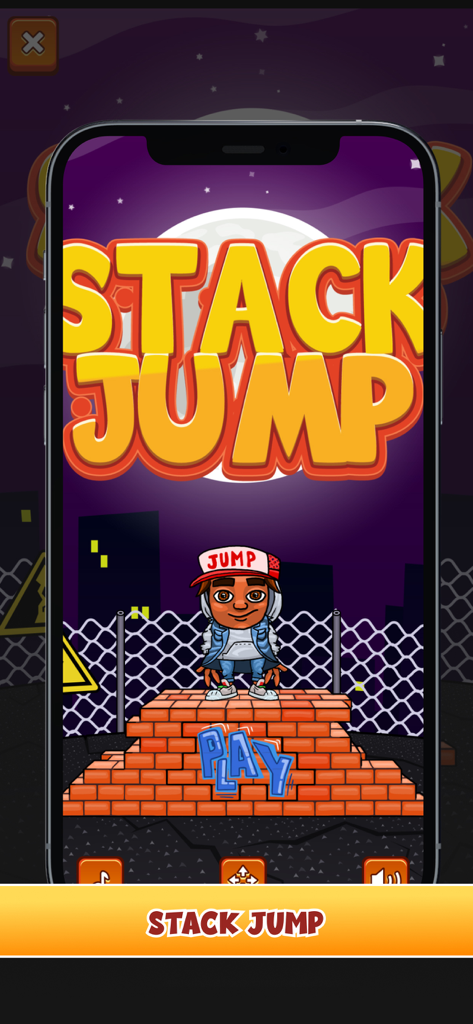 벽돌 플랫폼에 있는 캐릭터를 특징으로 하는 PogoPlay 오프라인 앱 내 Stack Jump 게임 시작 화면