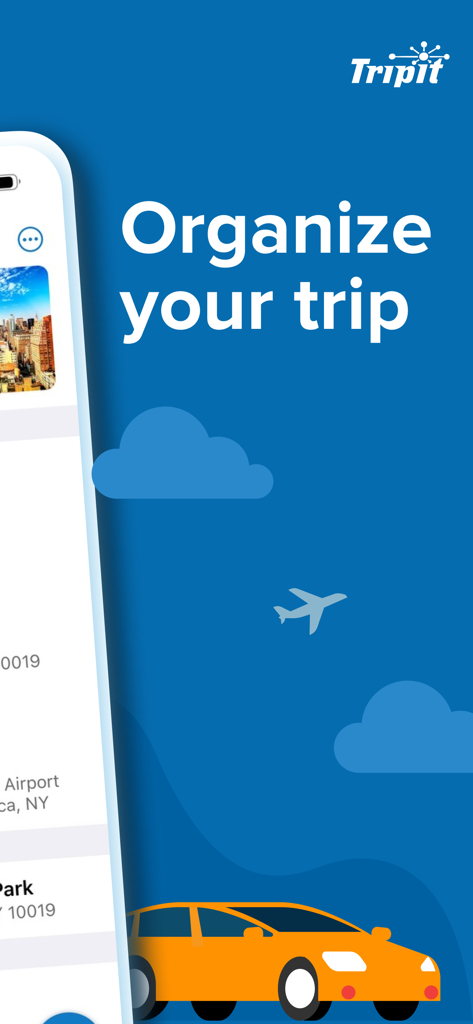 「旅行を整理する」というキャッチフレーズと旅行のイラストが表示されたTripItアプリのインターフェース。