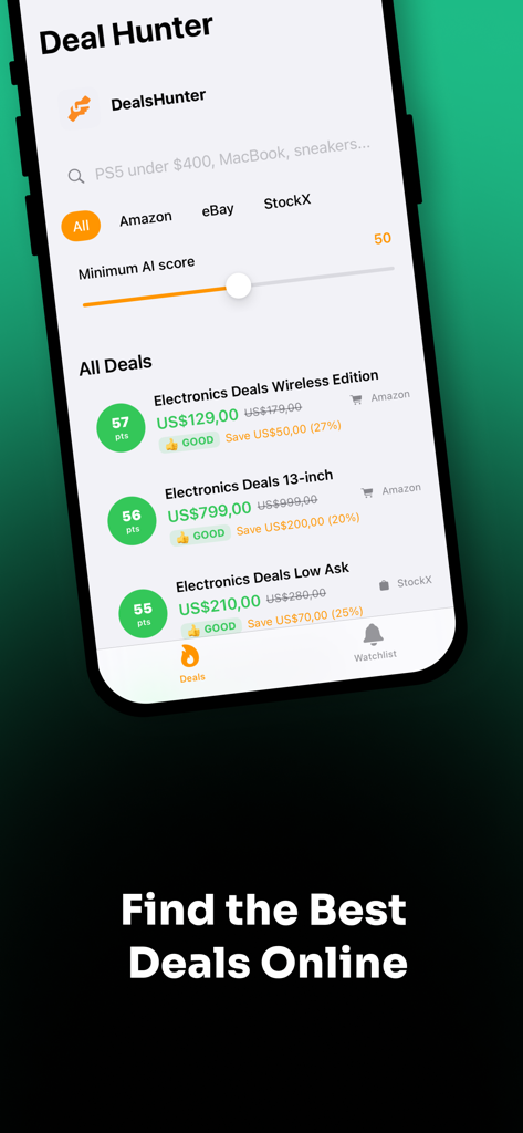 Deal Hunter: AI Shopping Deals - Deal Hunter app interface showing AI-scored shopping deals from Amazon and StockX