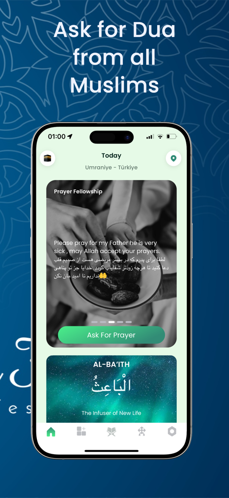 Muslim AI app interface showing the prayer fellowship feature where users can request community dua and prayers.