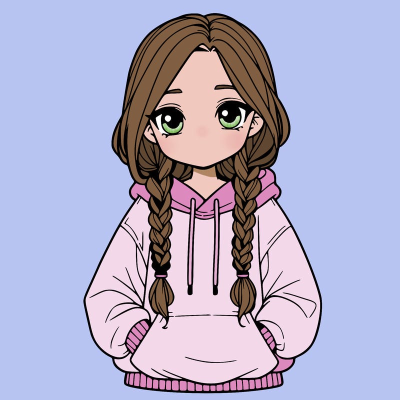 a realistic girl with a oversized hoodie and she has braids