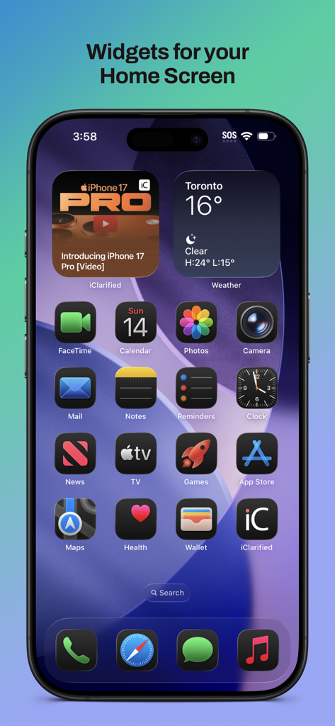 iClarified - An iPhone home screen showing a custom iClarified widget with Apple news headlines.