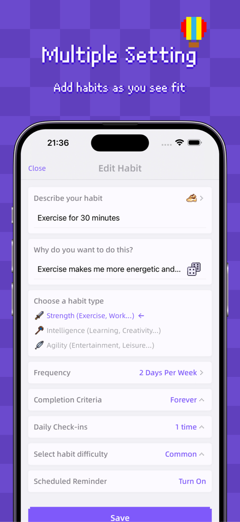 Habicat app interface for customizing a habit with gamified RPG elements and pixel art icons.