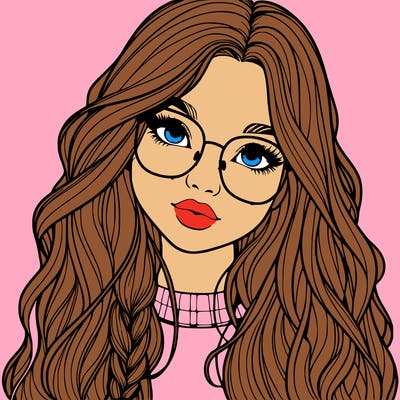 girl with long hair and freckles and glasses realistic