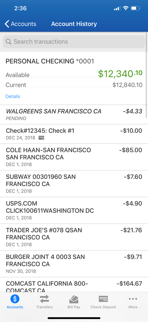 Educational Employees Credit Union mobile app showing personal checking account history and transactions