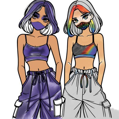 two girls with crop top with baggy pants